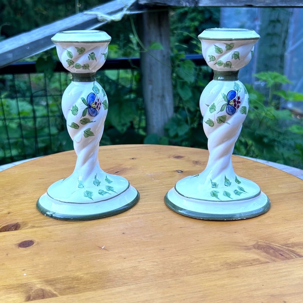 Vintage Ceramic Candlestick Holder Pair Blue Floral Spiral Shabby Chic Italy